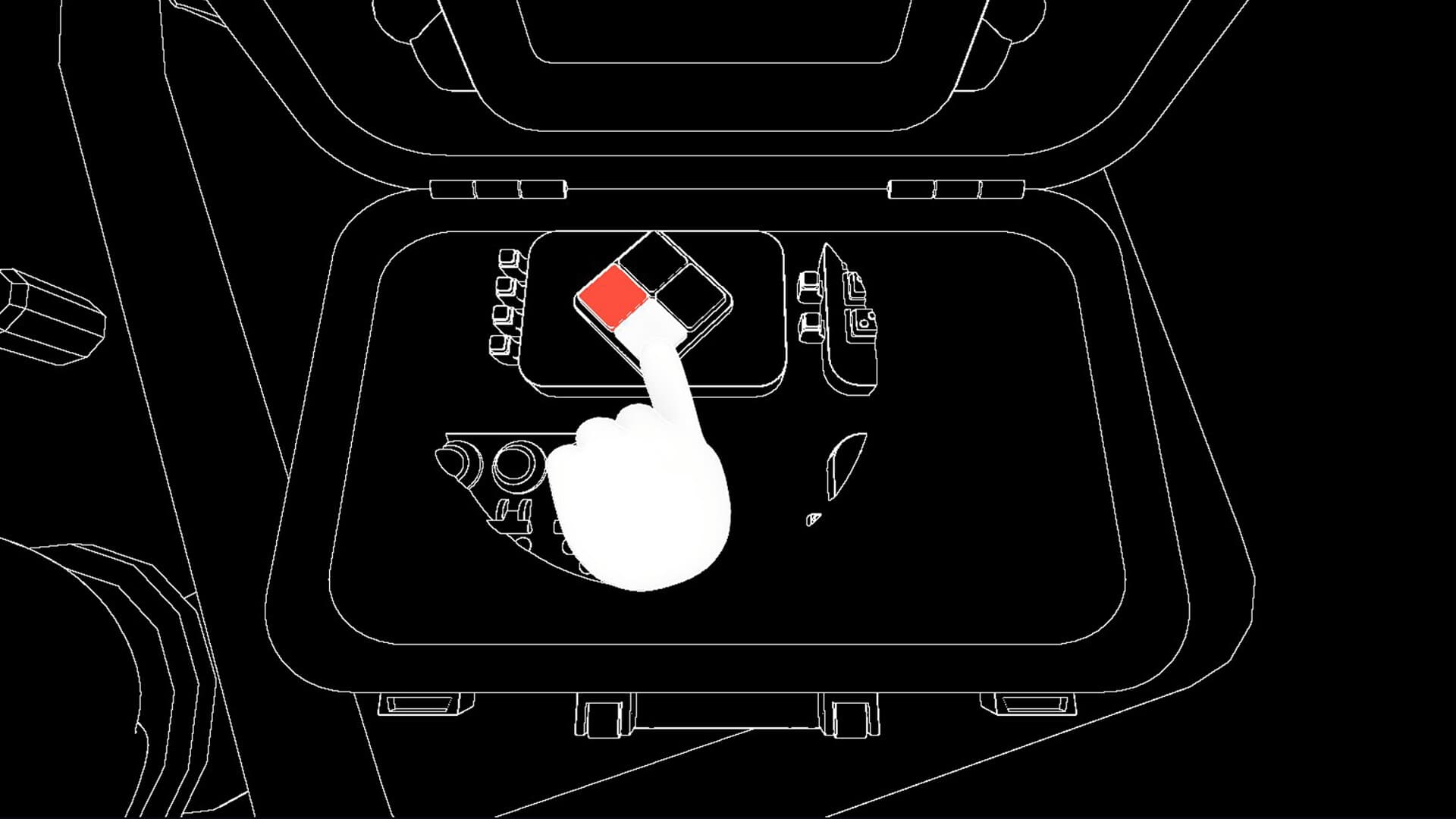 The blind player's view: white outlines of the bomb on black, a hand pressing a module.