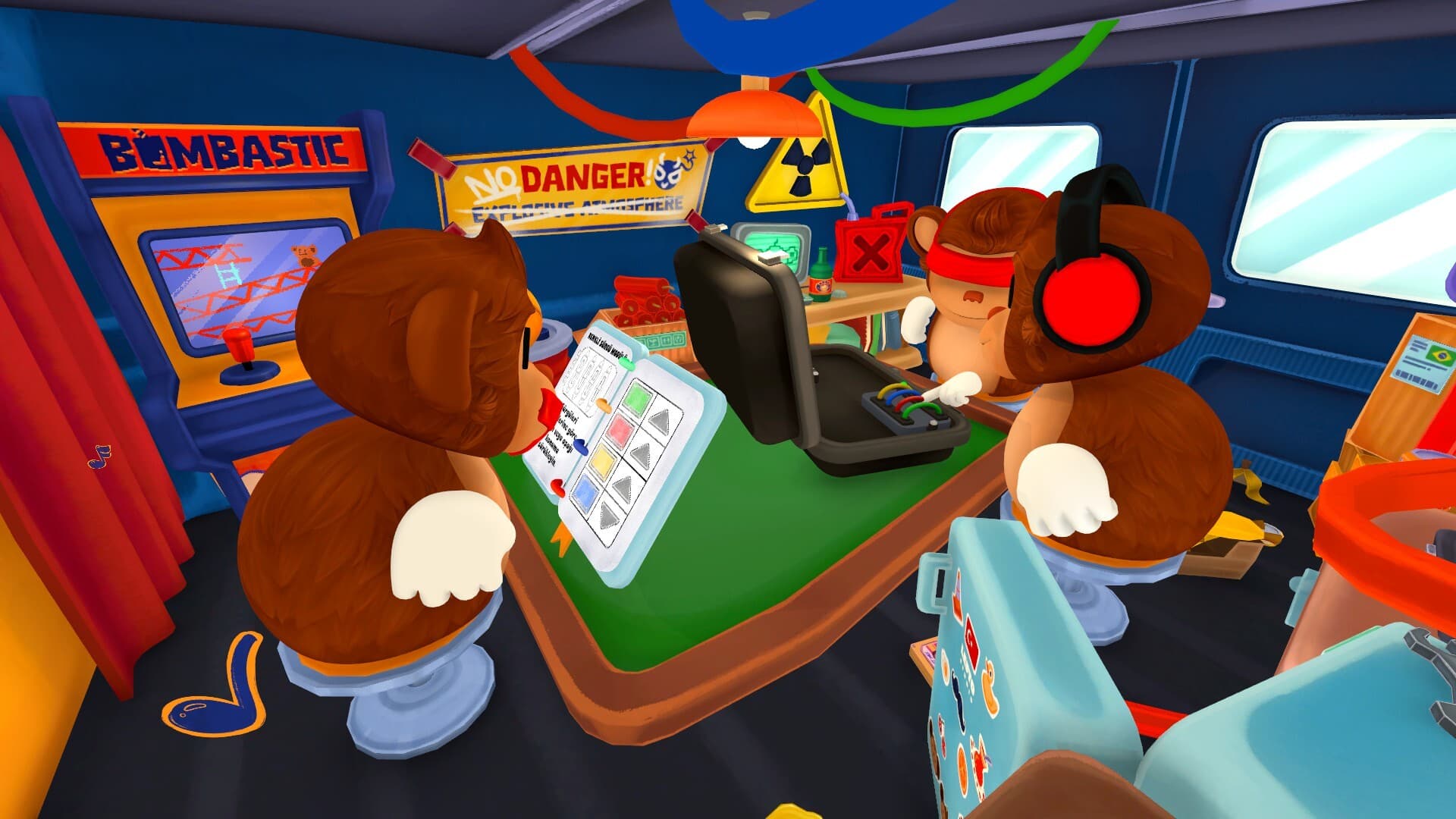 The deaf monkey with headphones and a blindfolded teammate at the bomb, the mute player's manual open on the table.