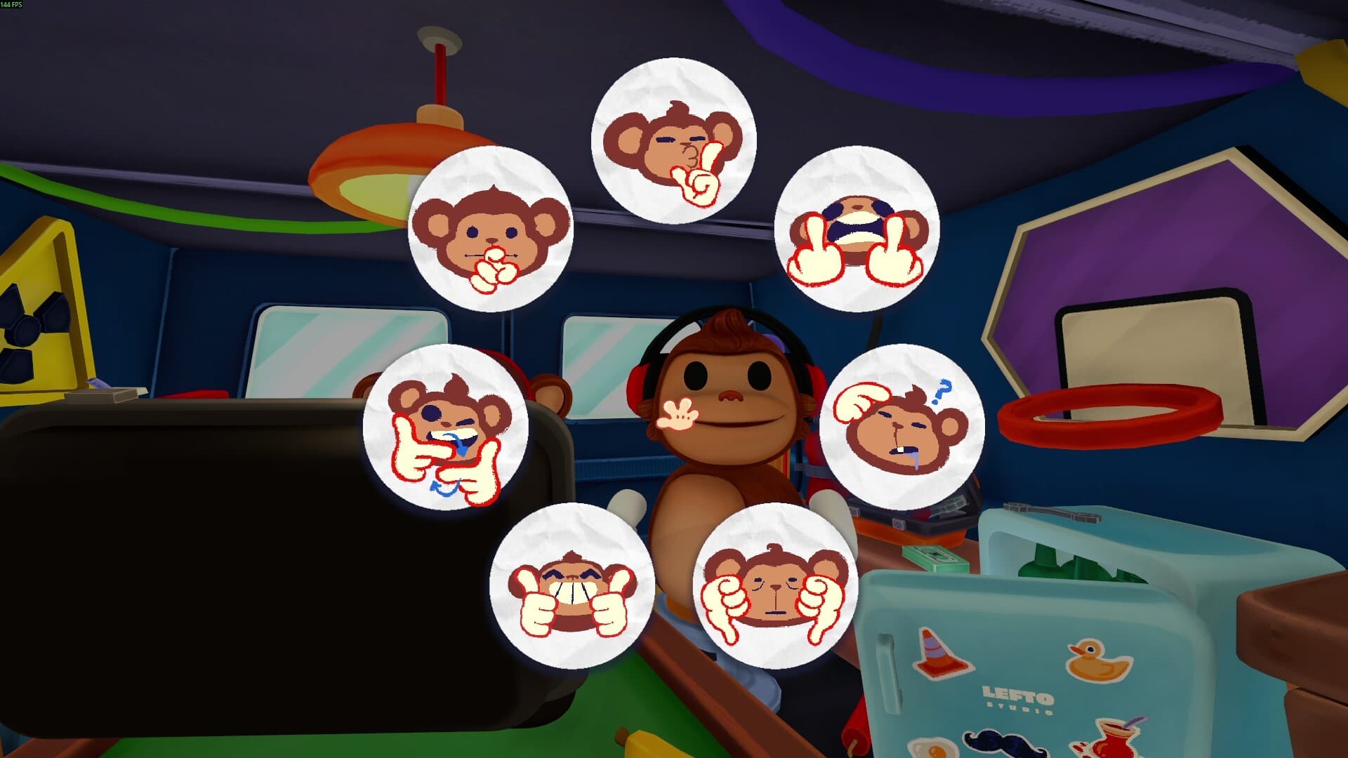 The emote wheel: eight monkey gestures arranged in a circle around the player, including thumbs up, thumbs down and a shrug.