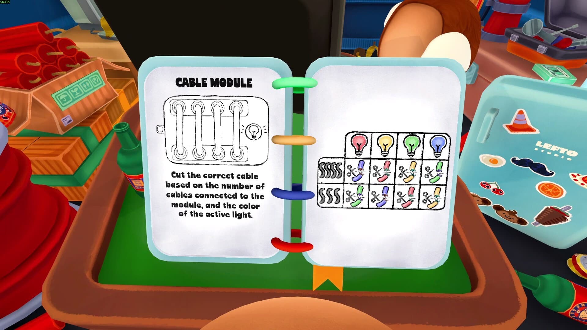 The in-game manual open on the Cable module page, with the drawing on the left and the colour table on the right.