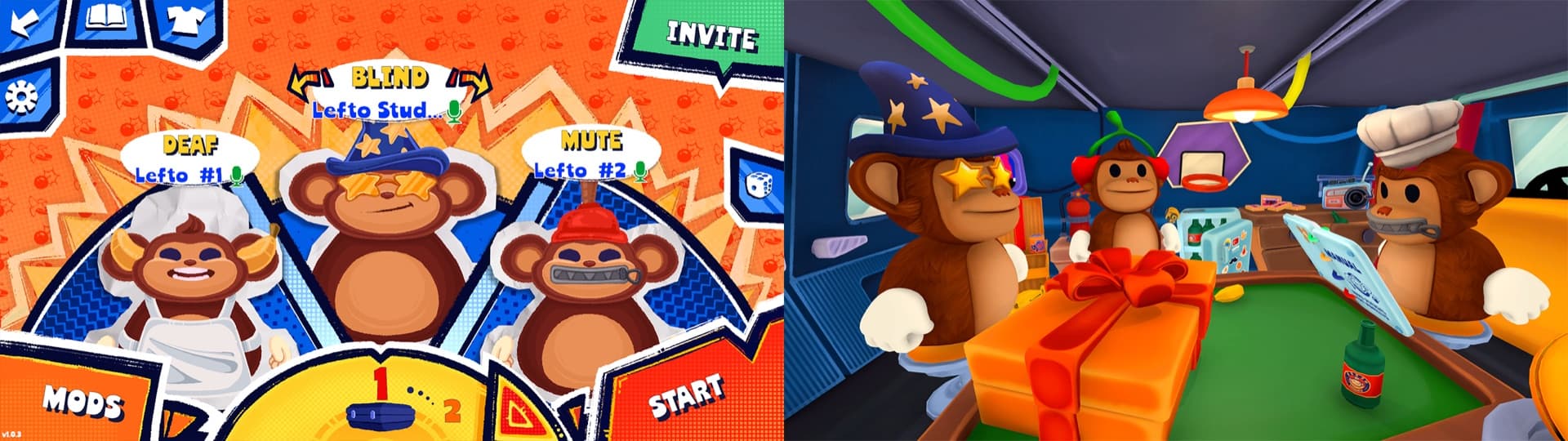 The lobby with the three monkeys wearing a chef's hat, a wizard hat and a plunger, next to a van scene with a wrapped gift box on the table.