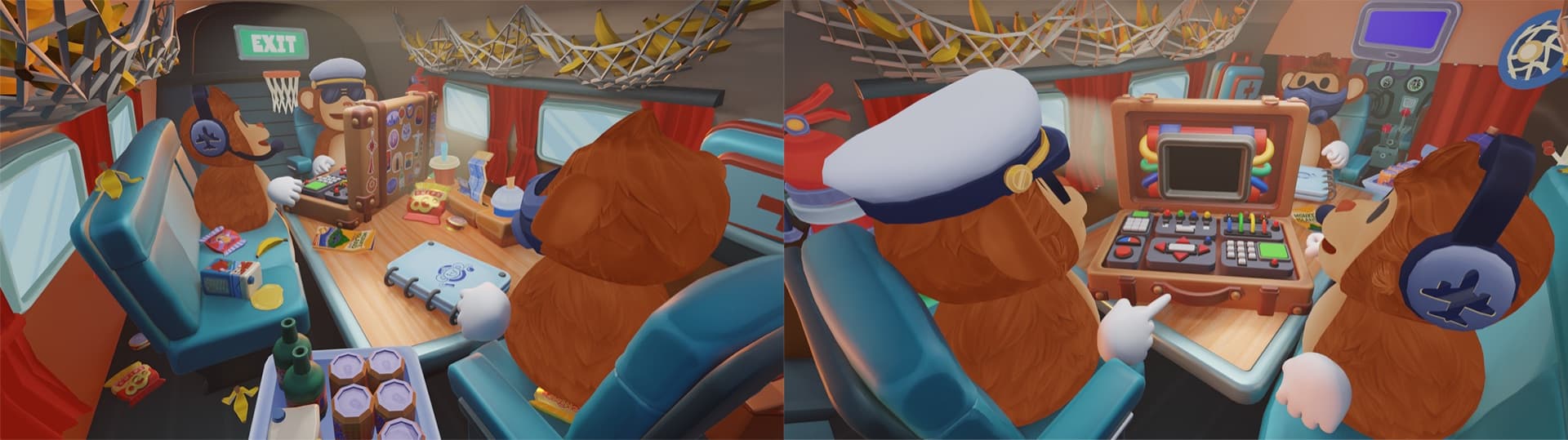 Two views of the new aircraft cabin: monkeys at a fold-out table with the bomb in a suitcase, and a monkey with a captain's cap at the cockpit panel.