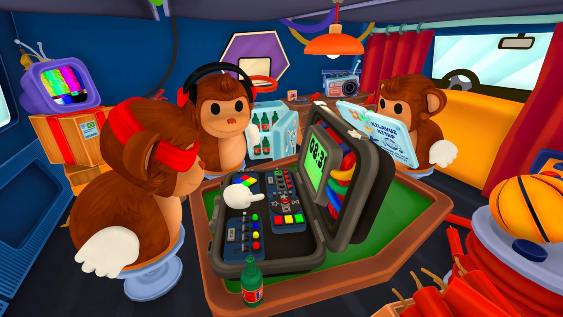 The three monkeys around a bomb inside the van: one blindfolded at the modules, one with headphones watching, one holding the manual.